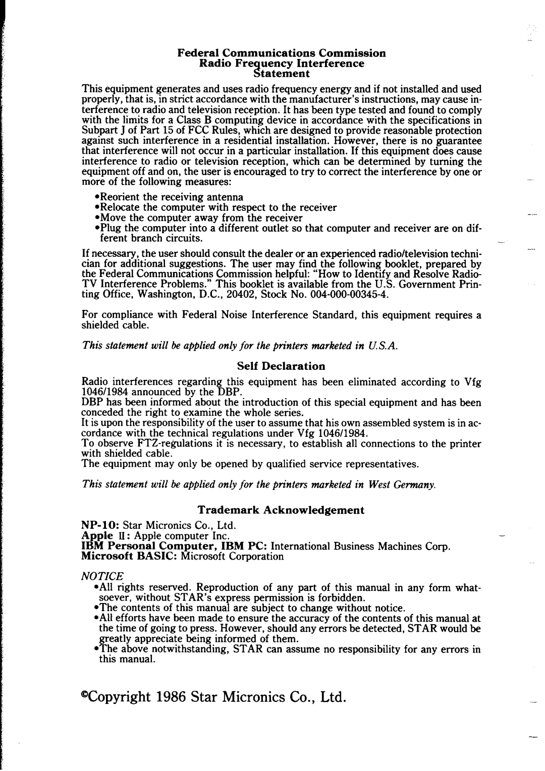 Star Micronics NP-IO manual Self Declaration 