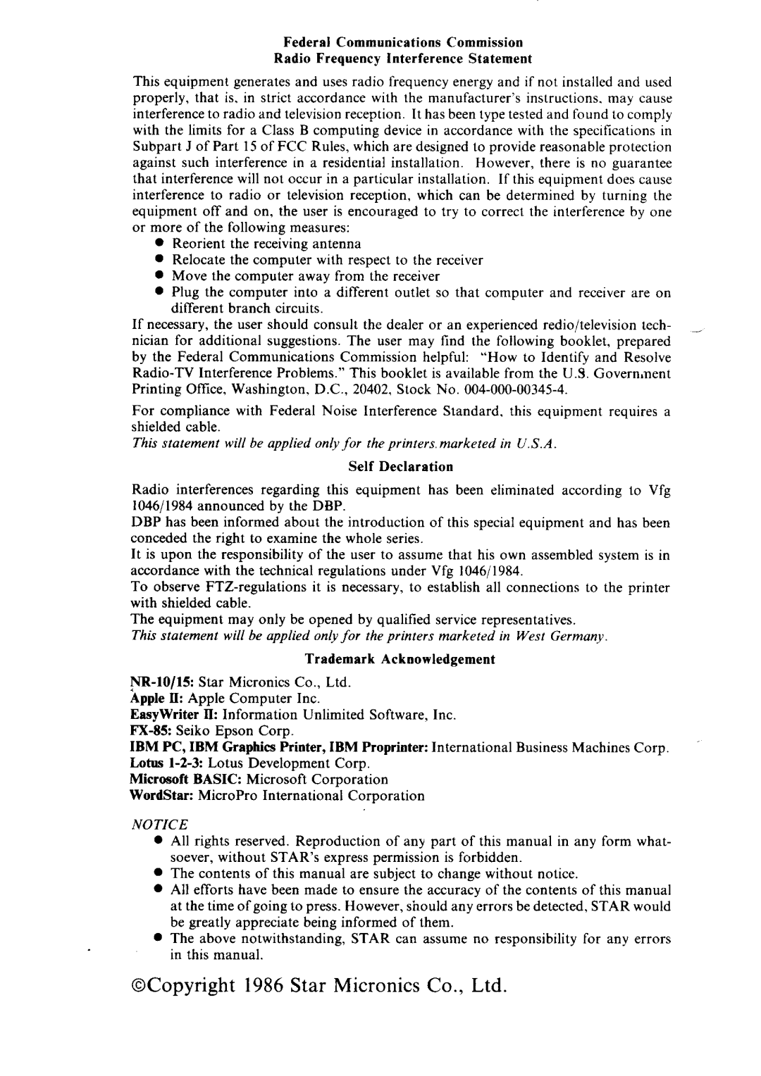 Star Micronics NR-10, NR-15 user manual Self Declaration 