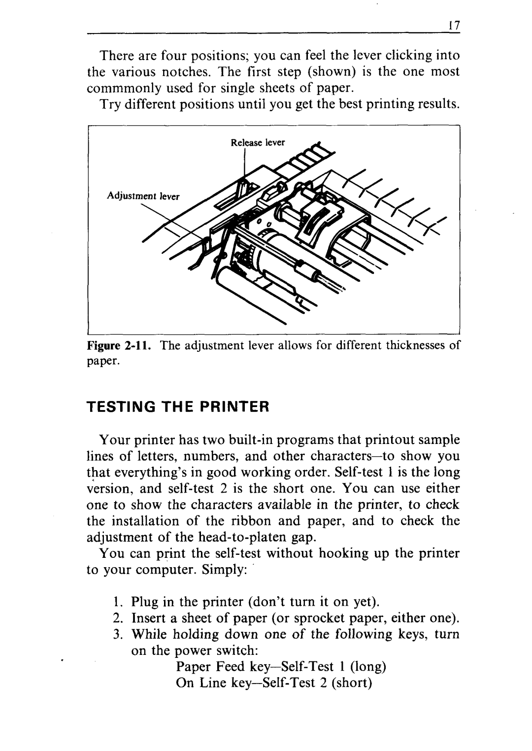 Star Micronics NR-15, NR-10 user manual Testing the Printer, The adjustment lever allows for different thicknesses 