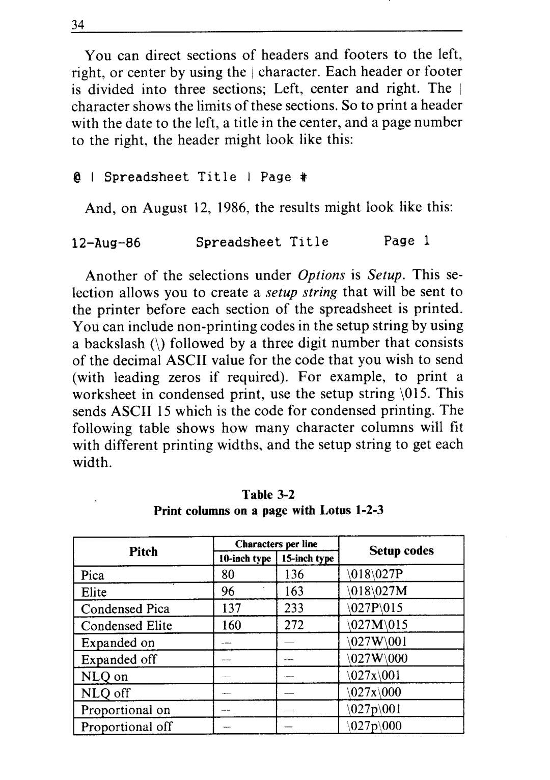 Star Micronics NR-10, NR-15 user manual Print columns on a page with Lotus l-2-3 