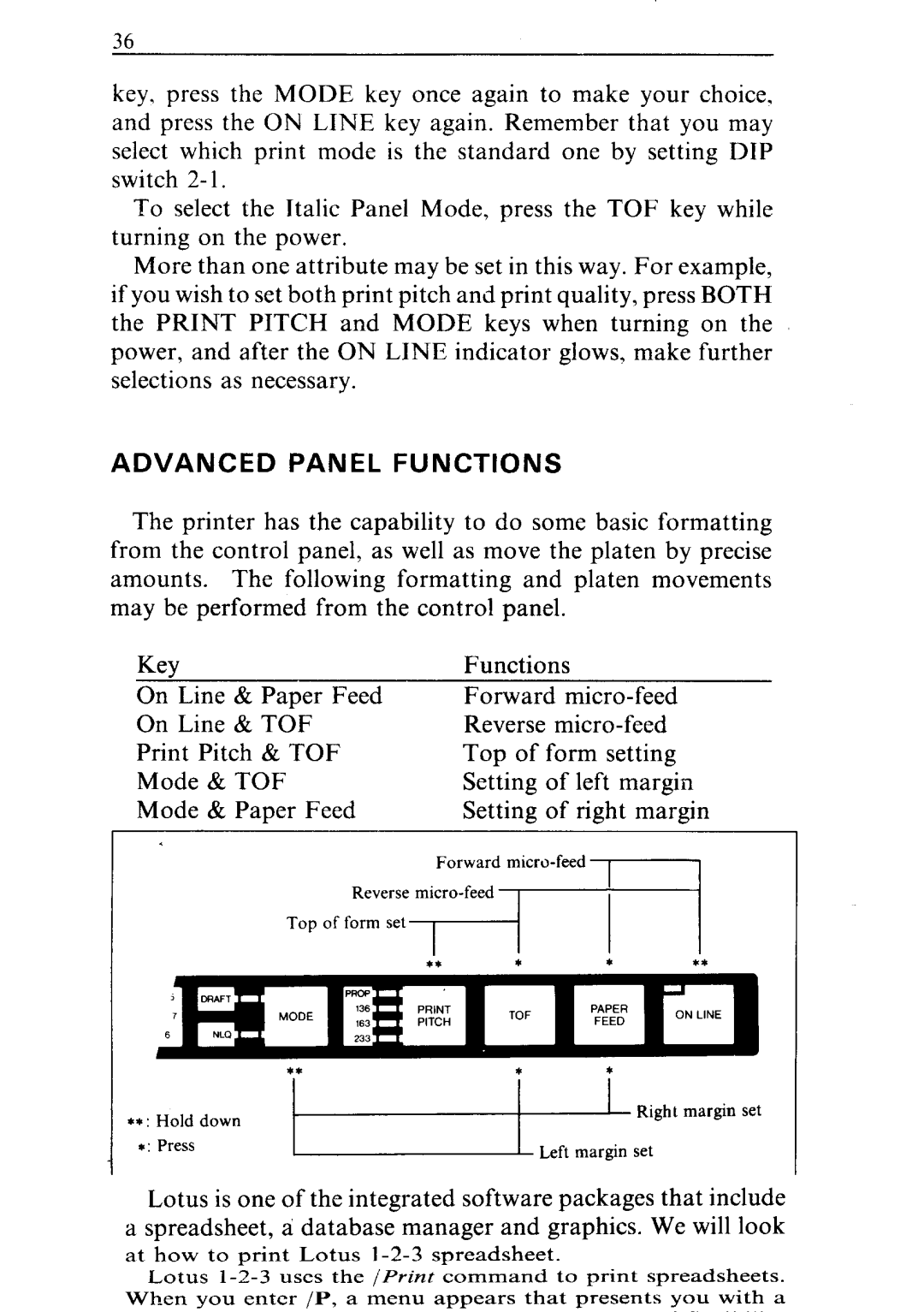 Star Micronics NR-10, NR-15 user manual Advanced Panel Functions, Tof 