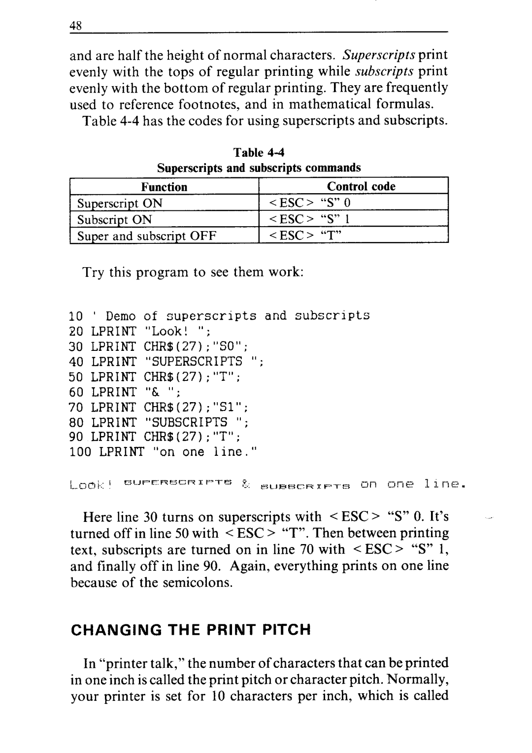 Star Micronics NR-10, NR-15 user manual Lprint Superscripts ‘I, Lprint Subscripts ‘I, Changing the Print Pitch 