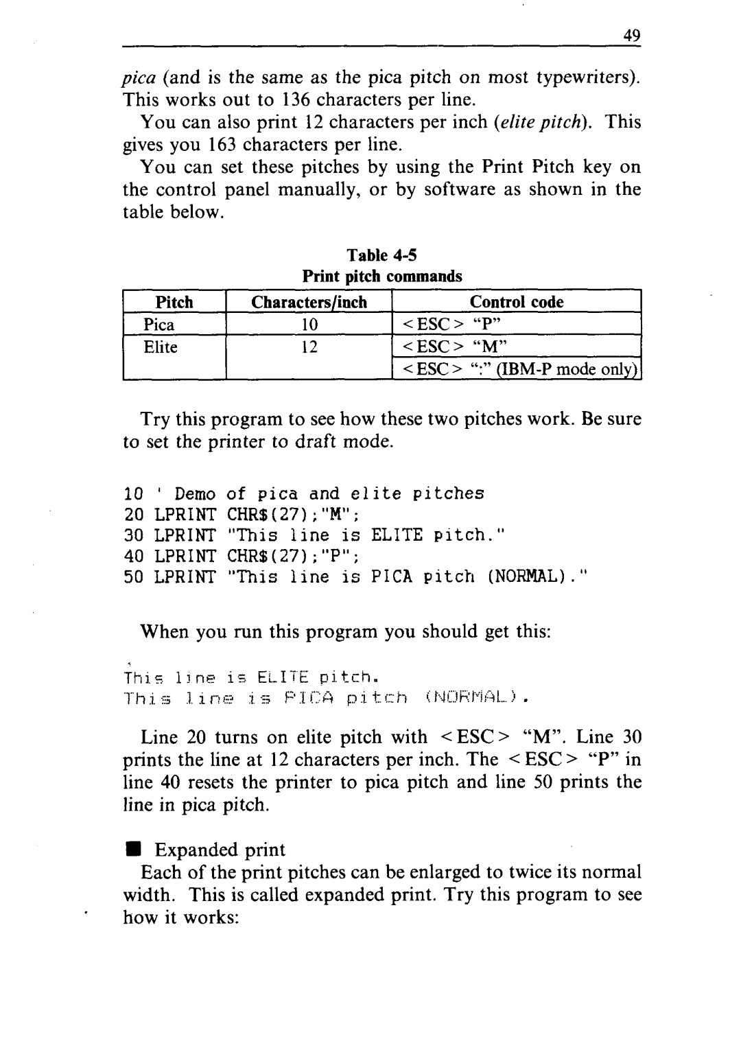 Star Micronics NR-15, NR-10 user manual Print pitch commands Pitch Characters/inch Control code 