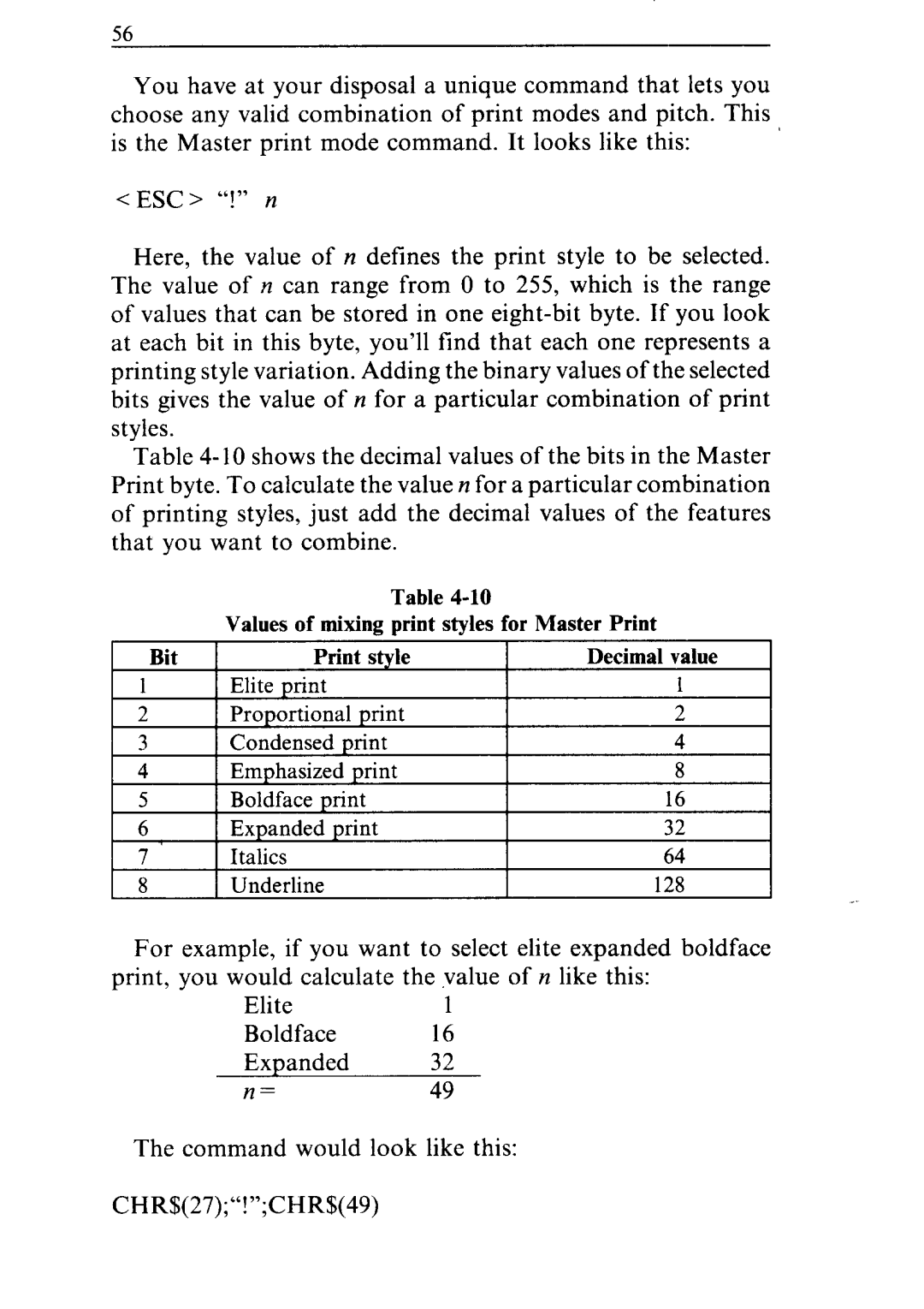 Star Micronics NR-10, NR-15 user manual Values of mixing print styles for Master Print 