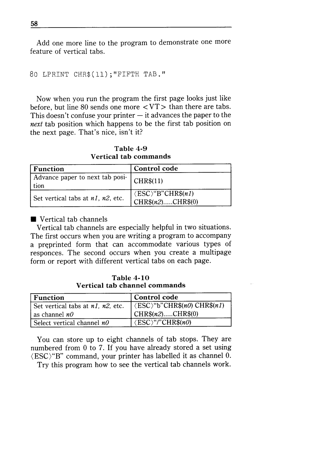 Star Micronics NX-10 user manual Lprint CHR$llFIFTH TAB 