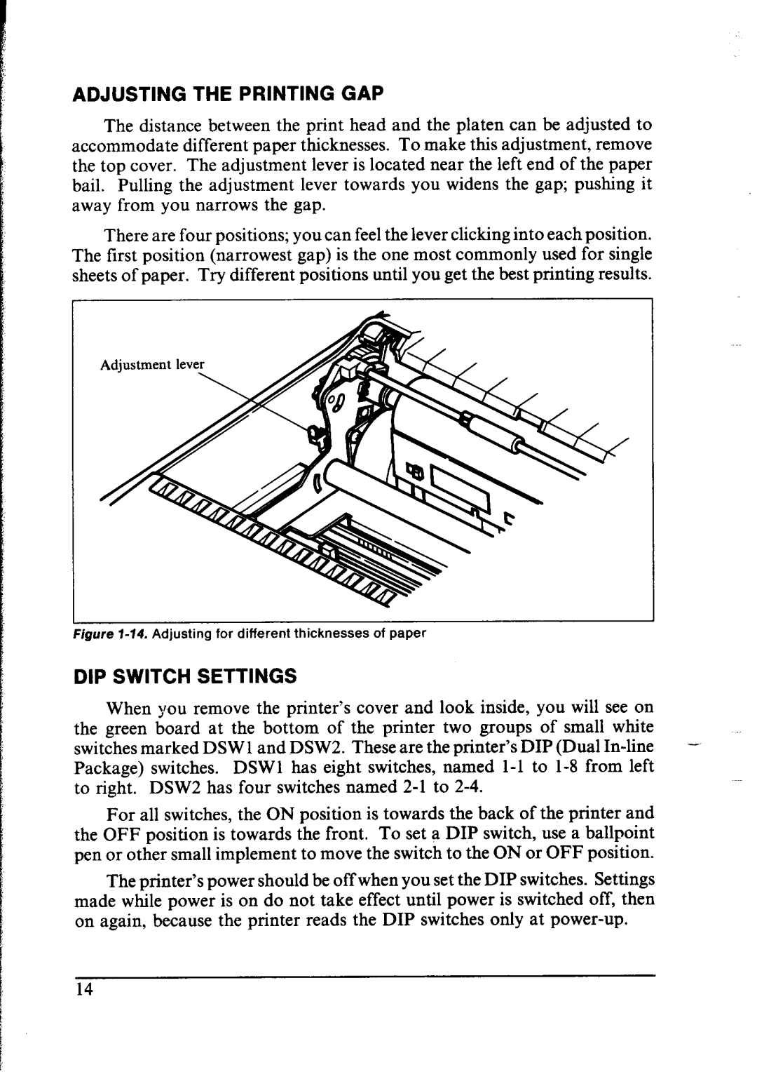 Star Micronics NX-1000 manual Adjusting The Printing Gap, Dip Switch Settings 