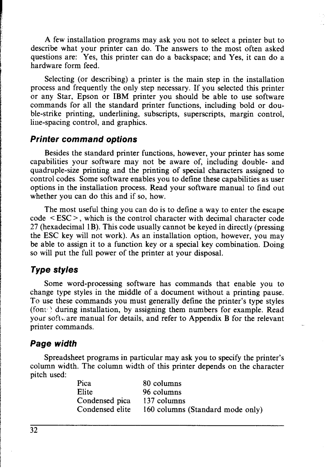 Star Micronics NX-1000 manual Printer command options, Type styles, Page width 