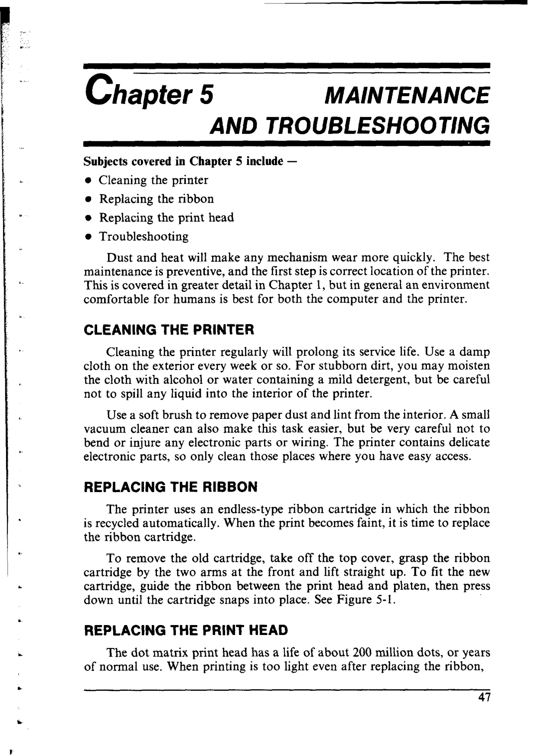 Star Micronics NX-1000 manual Mainteivance, AND TROU8LESHOOTING, Chapter, Cleaning The Printer, Replacing The Ribbon 
