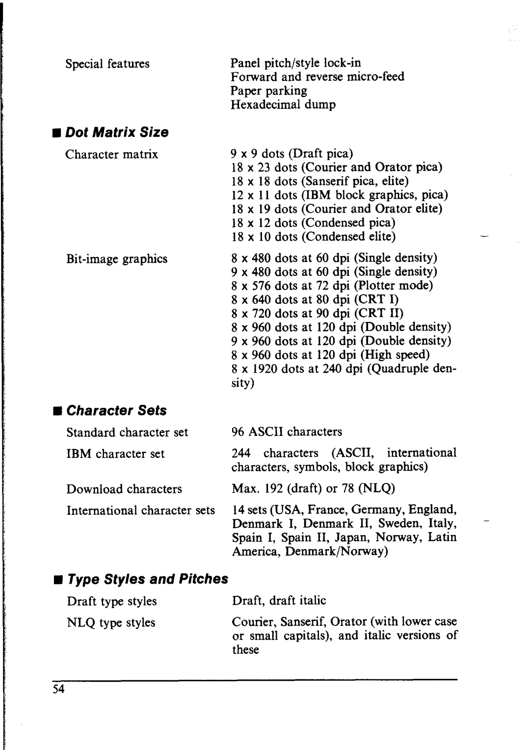 Star Micronics NX-1000 manual Dot Matrix Size, n Character Sets, n Type Styles and Pitches 