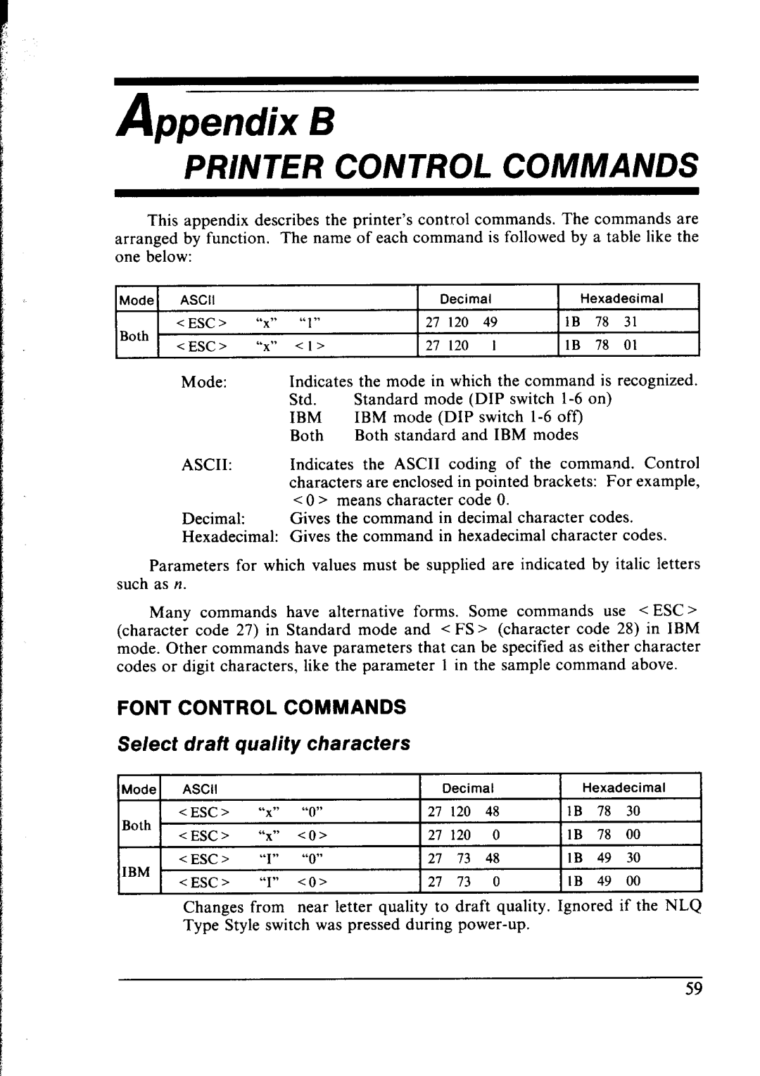 Star Micronics NX-1000 manual Printer Control Commands, FONT CONTROL COMMANDS Select draft quality characters 