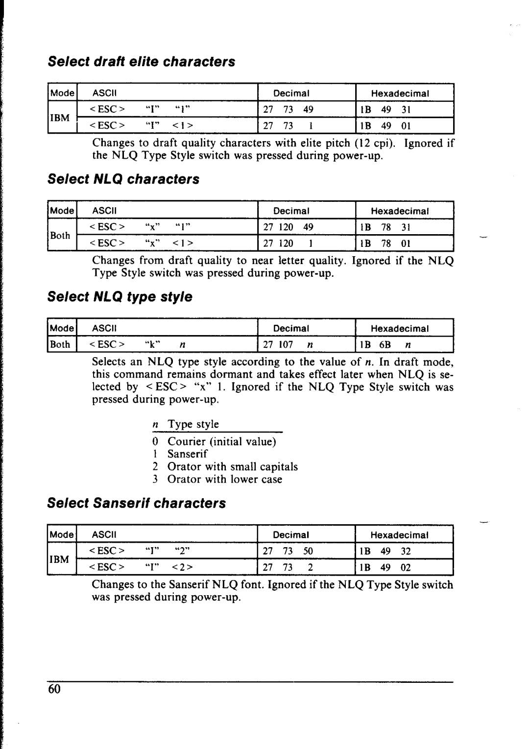 Star Micronics NX-1000 draft, elite, Select MC? characters, Select NLQ type style, Select Sanserif characters 