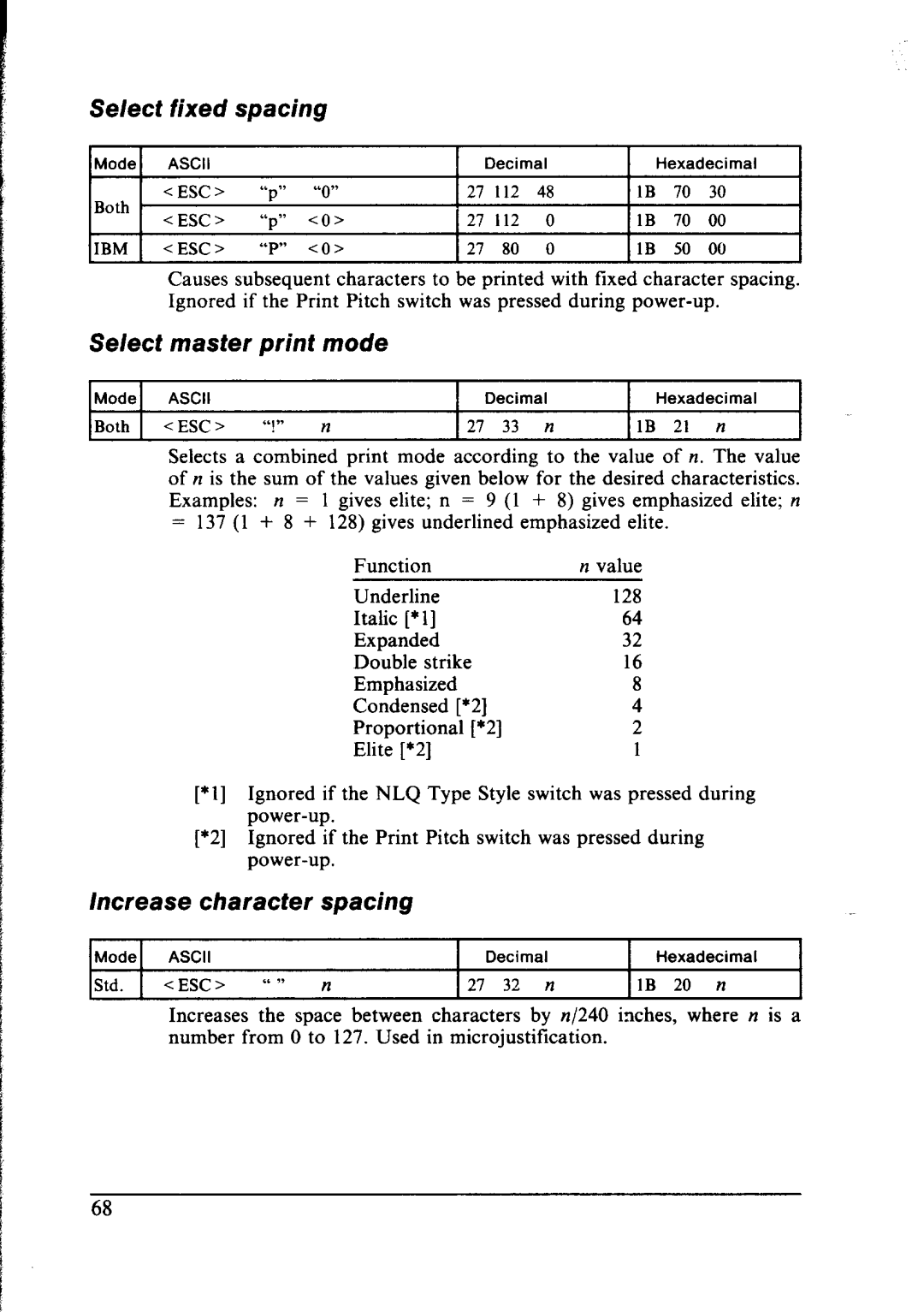 Star Micronics NX-1000 manual fixed, Select master print mode, Increase character spacing 