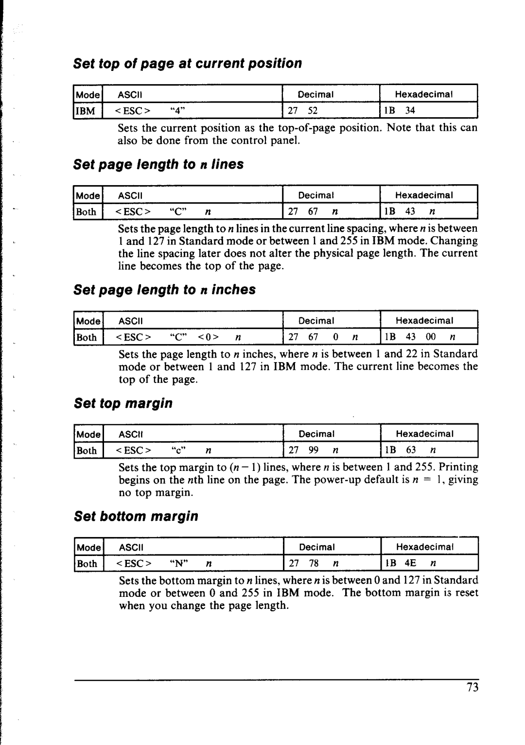 Star Micronics NX-1000 manual Set top of page at current position, Set page length to n lines, Set page length to n inches 