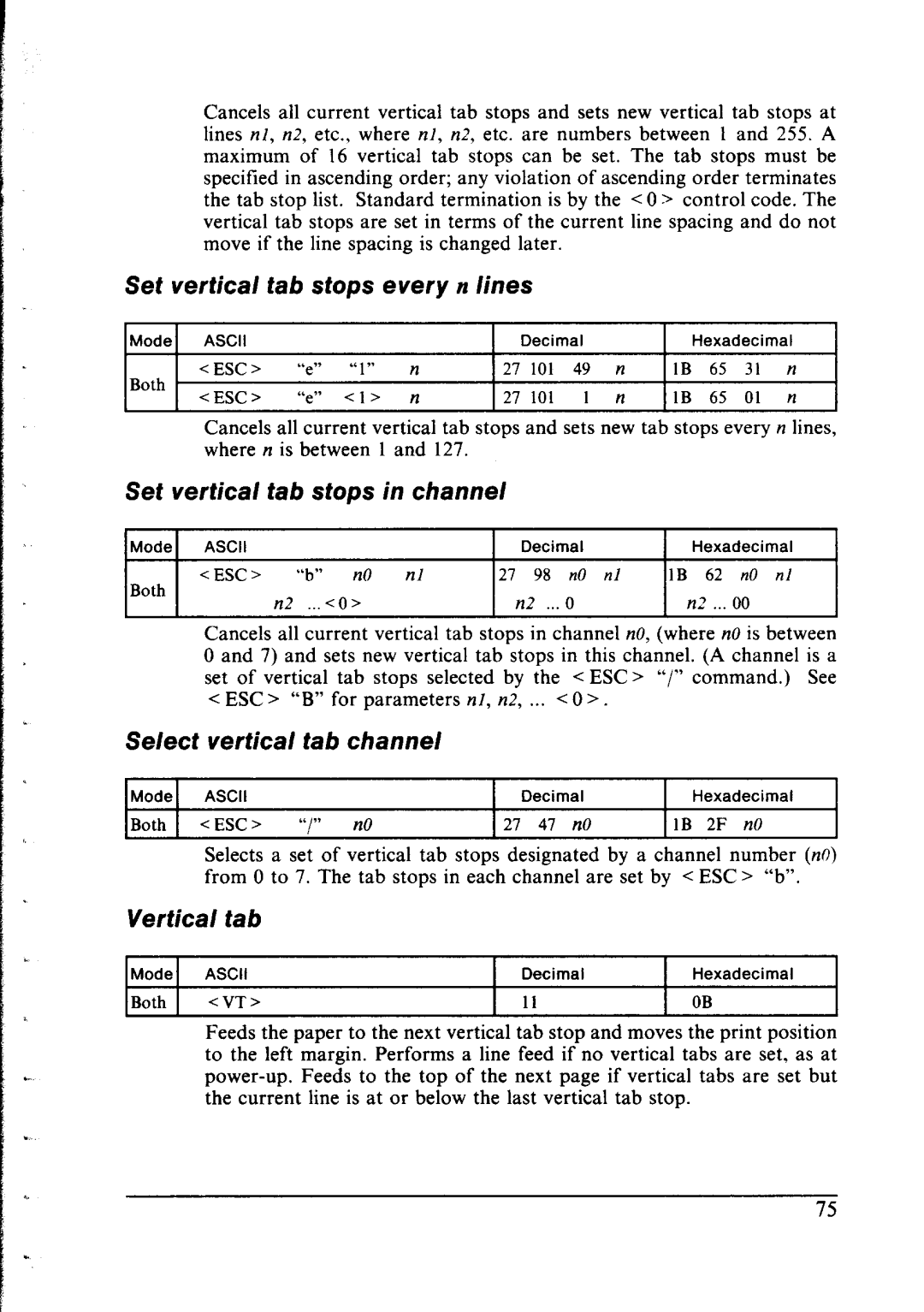 Star Micronics NX-1000 Set vertical tab stops every II lines, Set vertical tab stops in channel, Vertical tab, 27 47 n0 