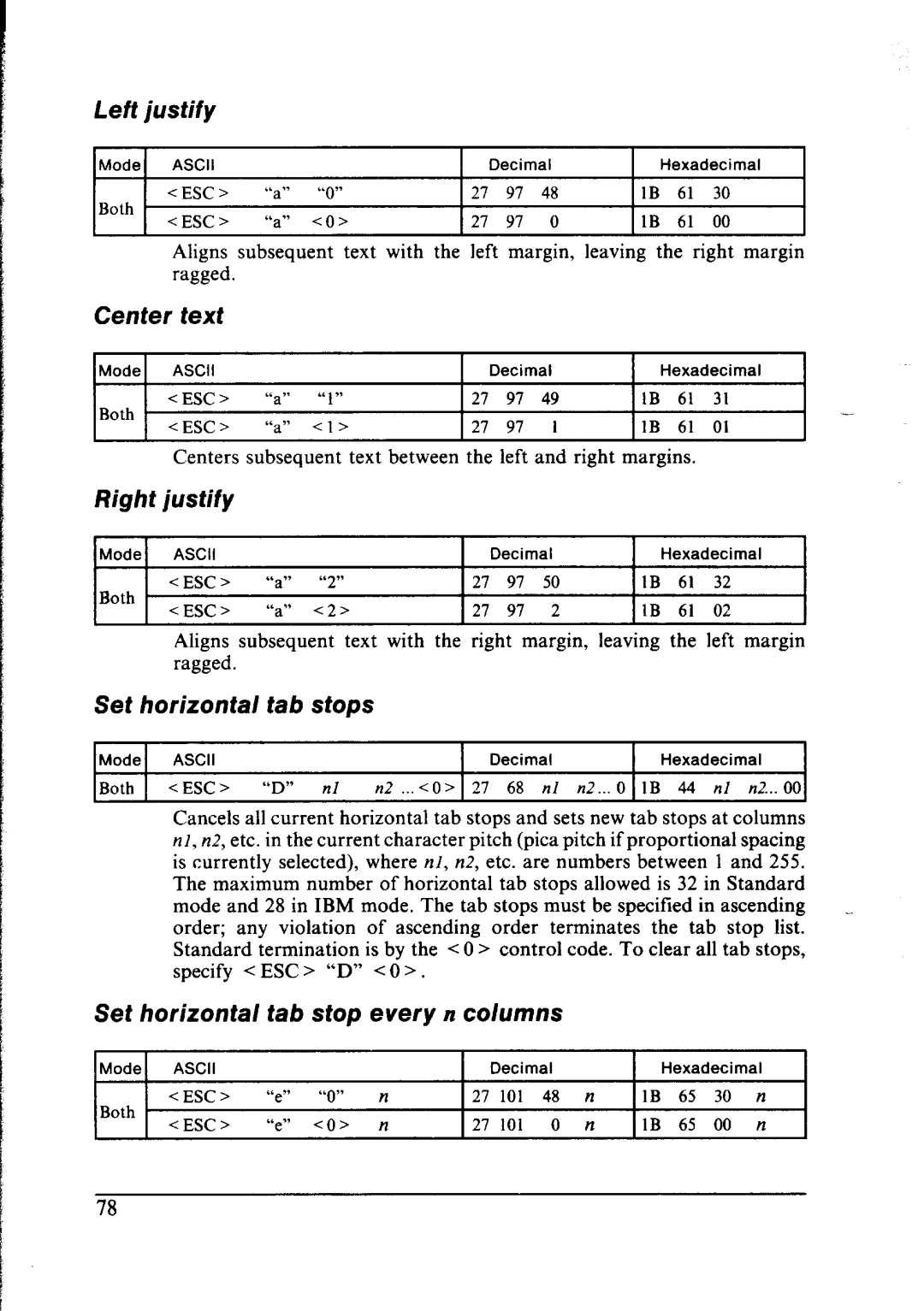 Star Micronics NX-1000 Right justify, Set horizontal tab stop every n columns, Left, Center text, Set horizonfal tab stops 