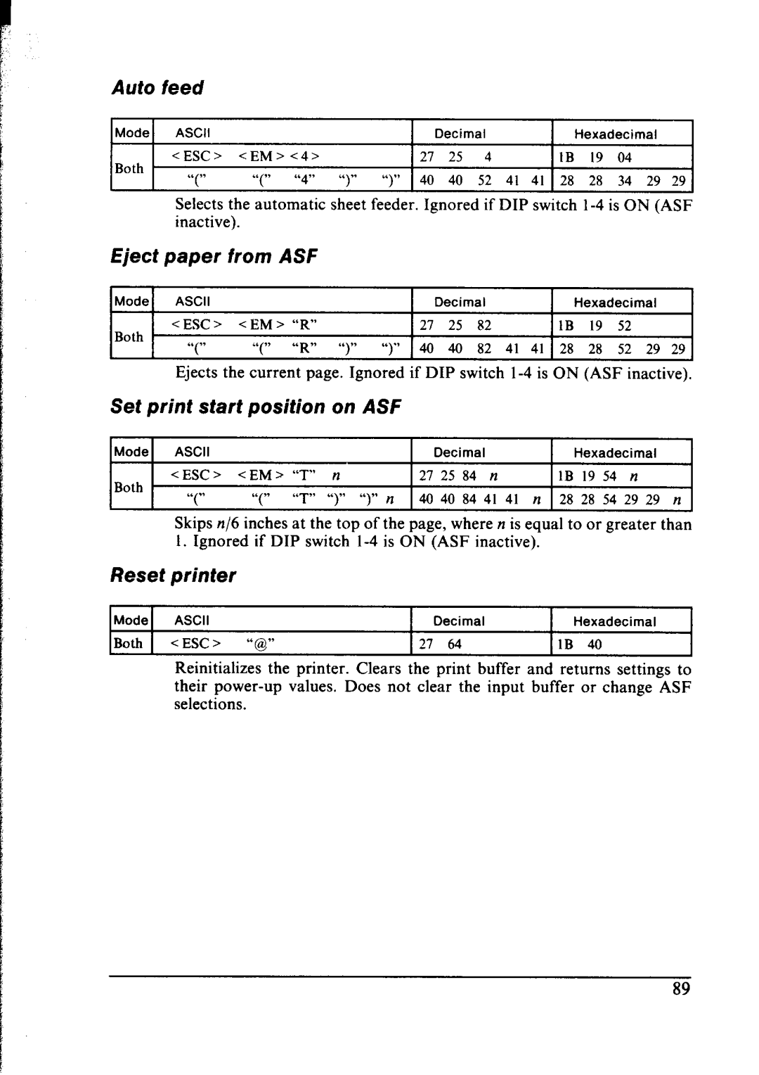 Star Micronics NX-1000 manual Auto, Eject paper from ASF, Set print start position on ASF, Reset, printer, 54 29 29 n 