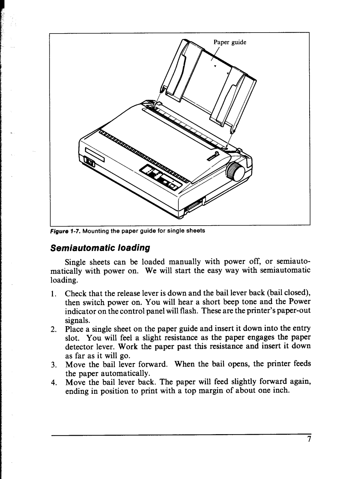 Star Micronics NX-1000 manual Semiautomatic loading, Figure l-7. Mounting the paper guide for single sheets 