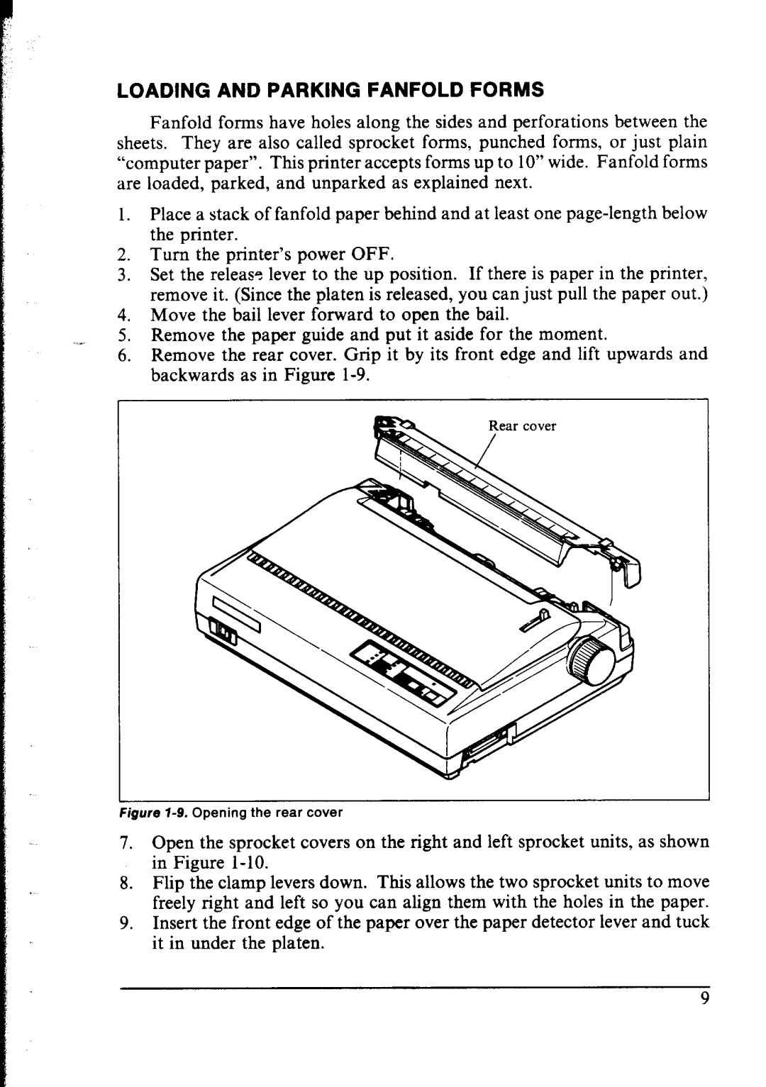 Star Micronics NX-1000 manual Loading and Parking Fanfold Forms, Opening the rear cover 