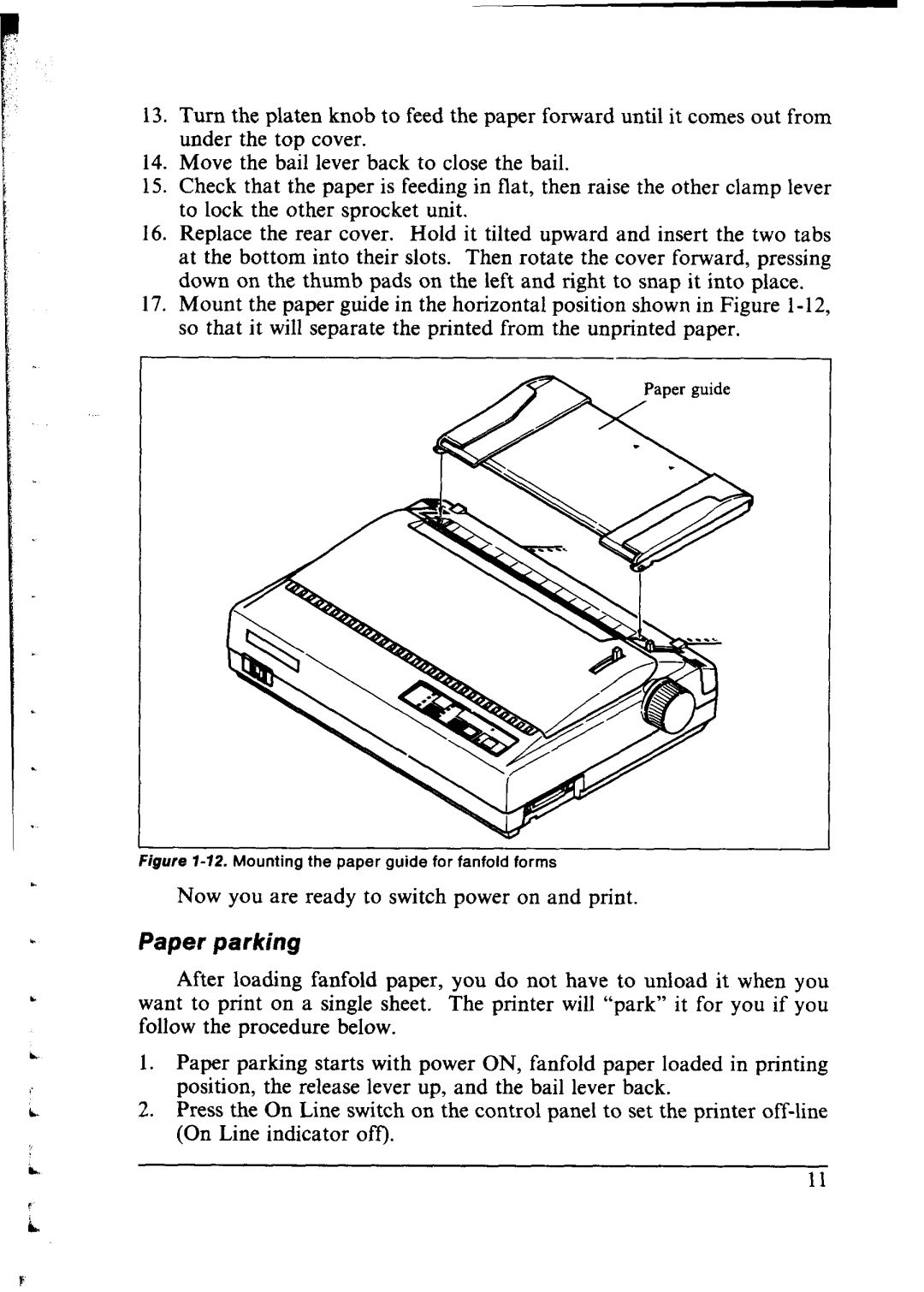 Star Micronics NX-1000 manual Paper parking, Mounting the paper guide for fanfold forms 