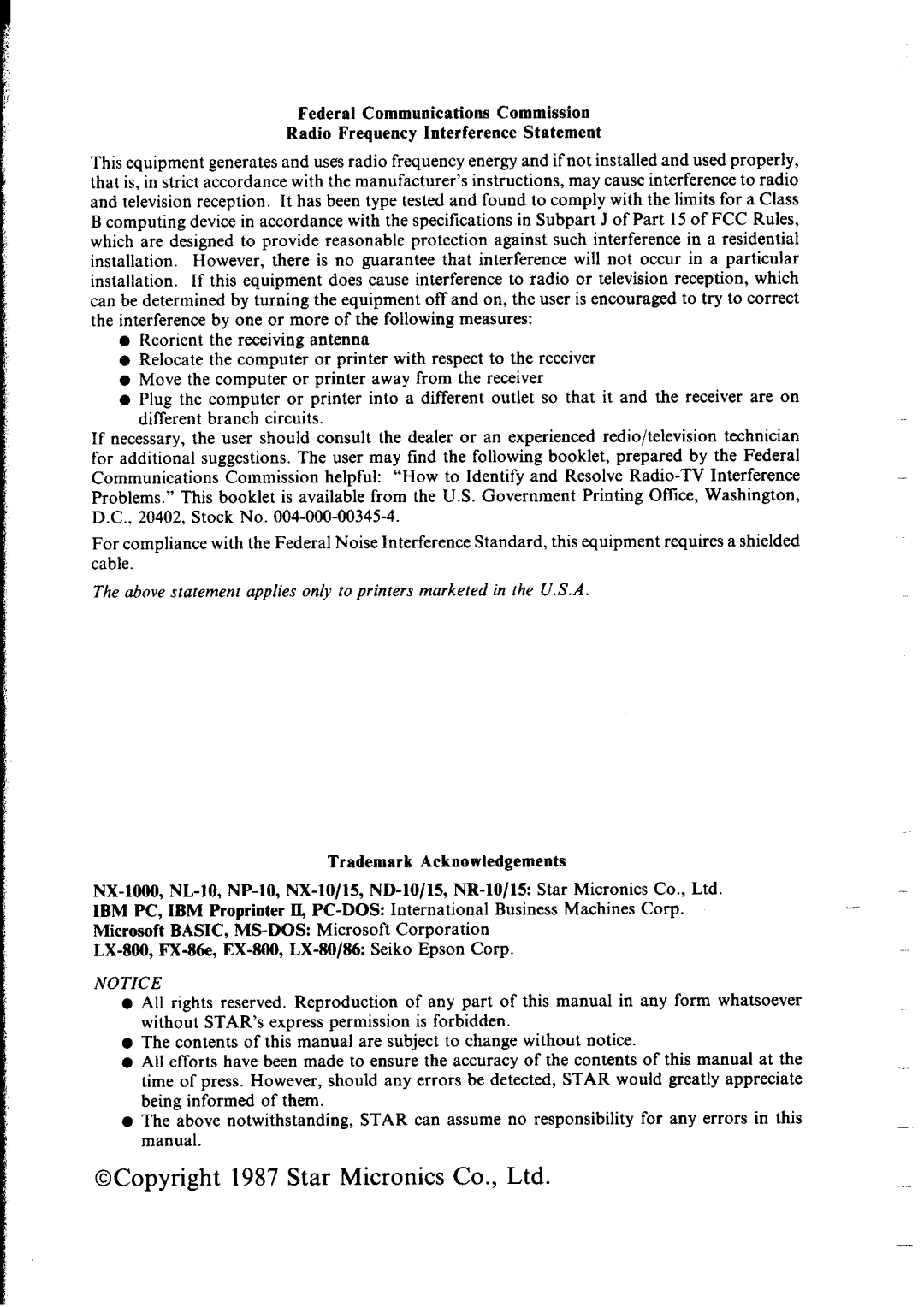 Star Micronics NX-1000 manual Trademark Acknowledgements 