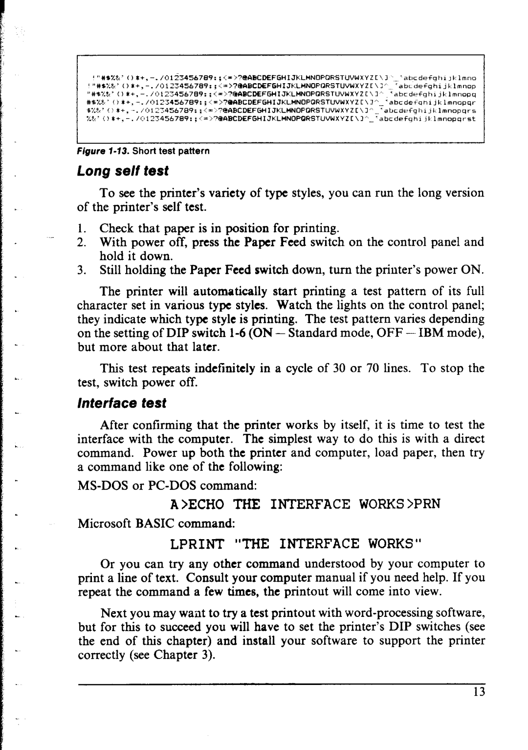 Star Micronics NX-1000 manual Long se/f test, Interface test 