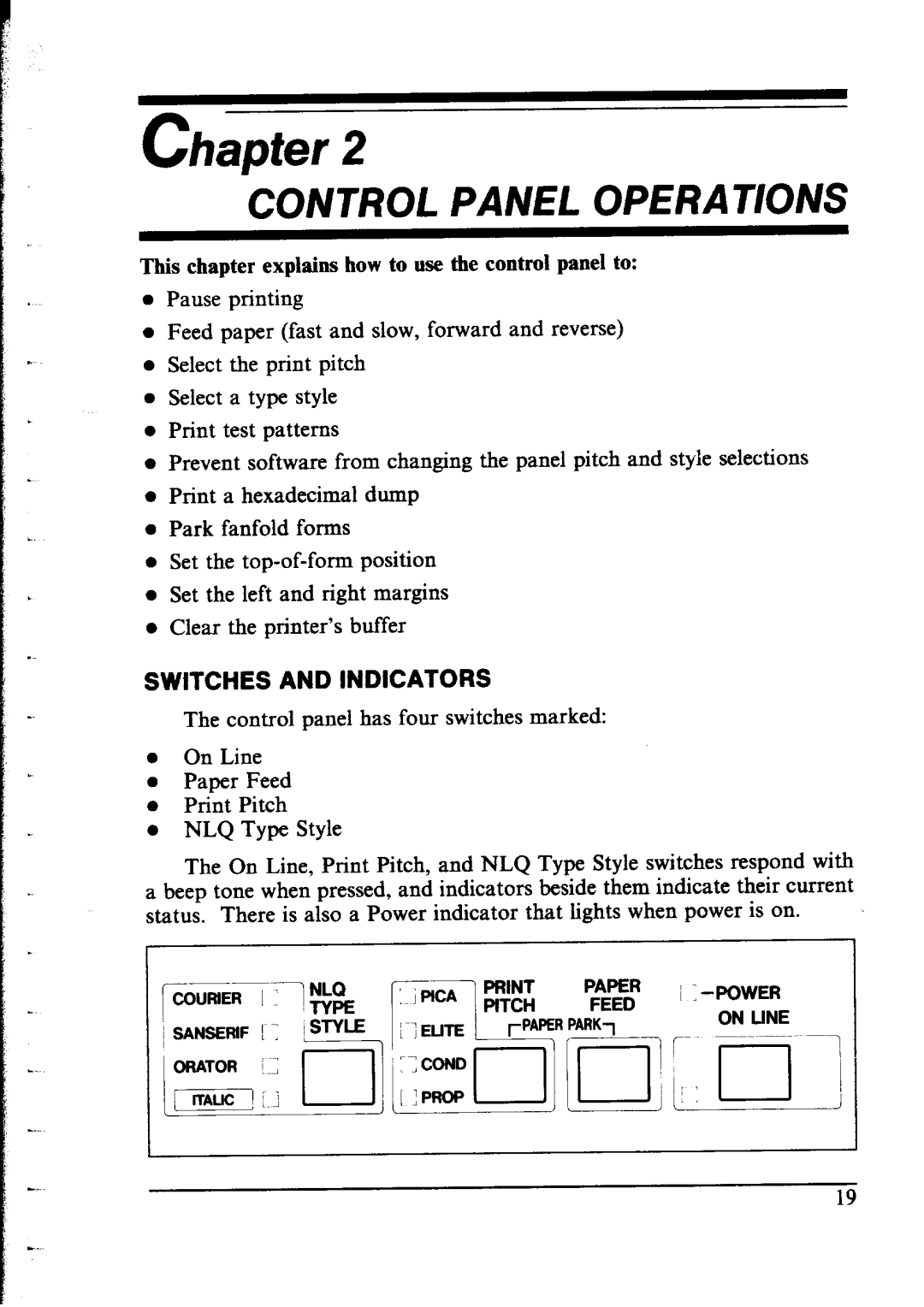 Star Micronics NX-1000 manual Control Panel OPERATlONS, Switches and Indicators 