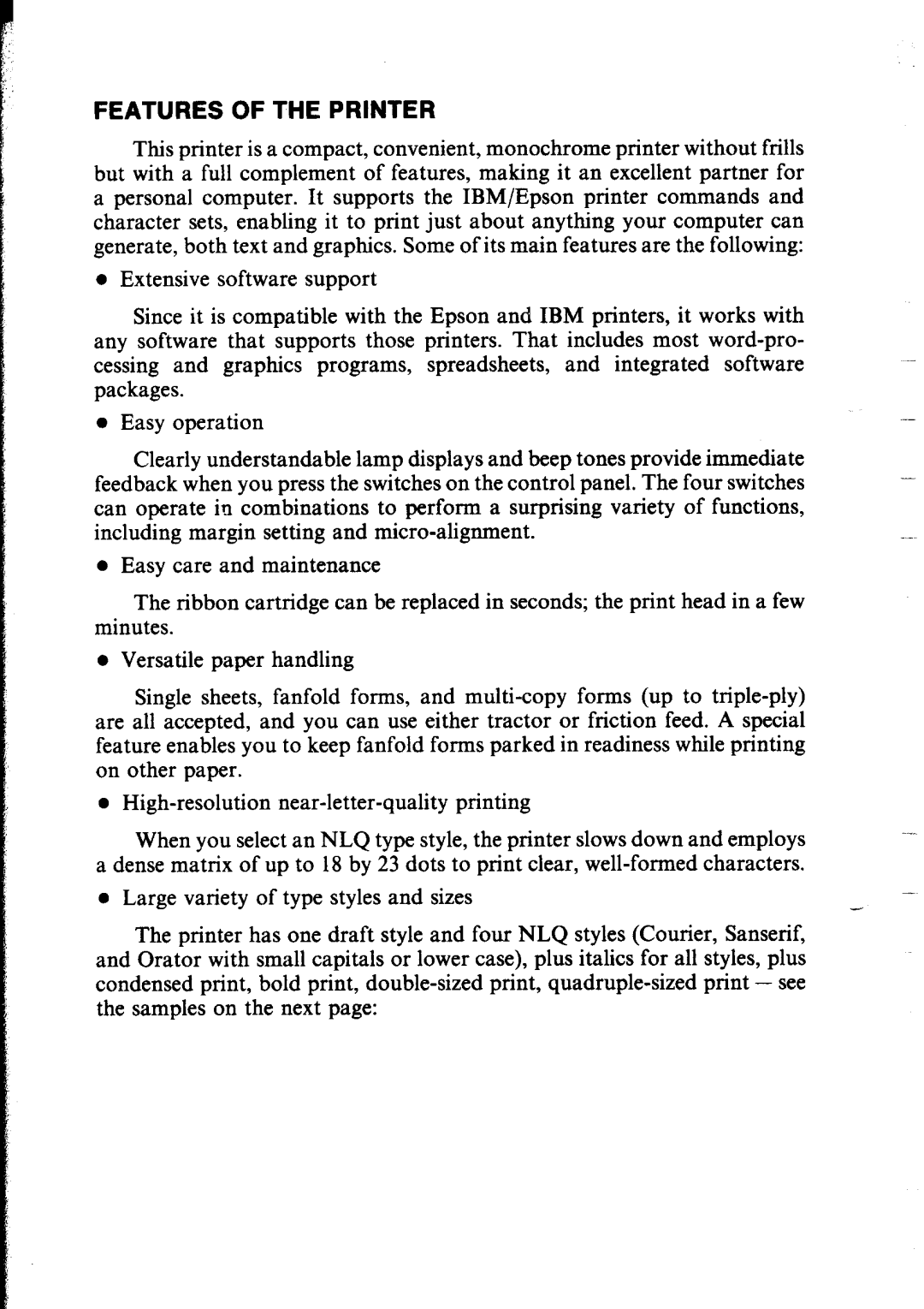 Star Micronics NX-1000 manual Features of the Printer 