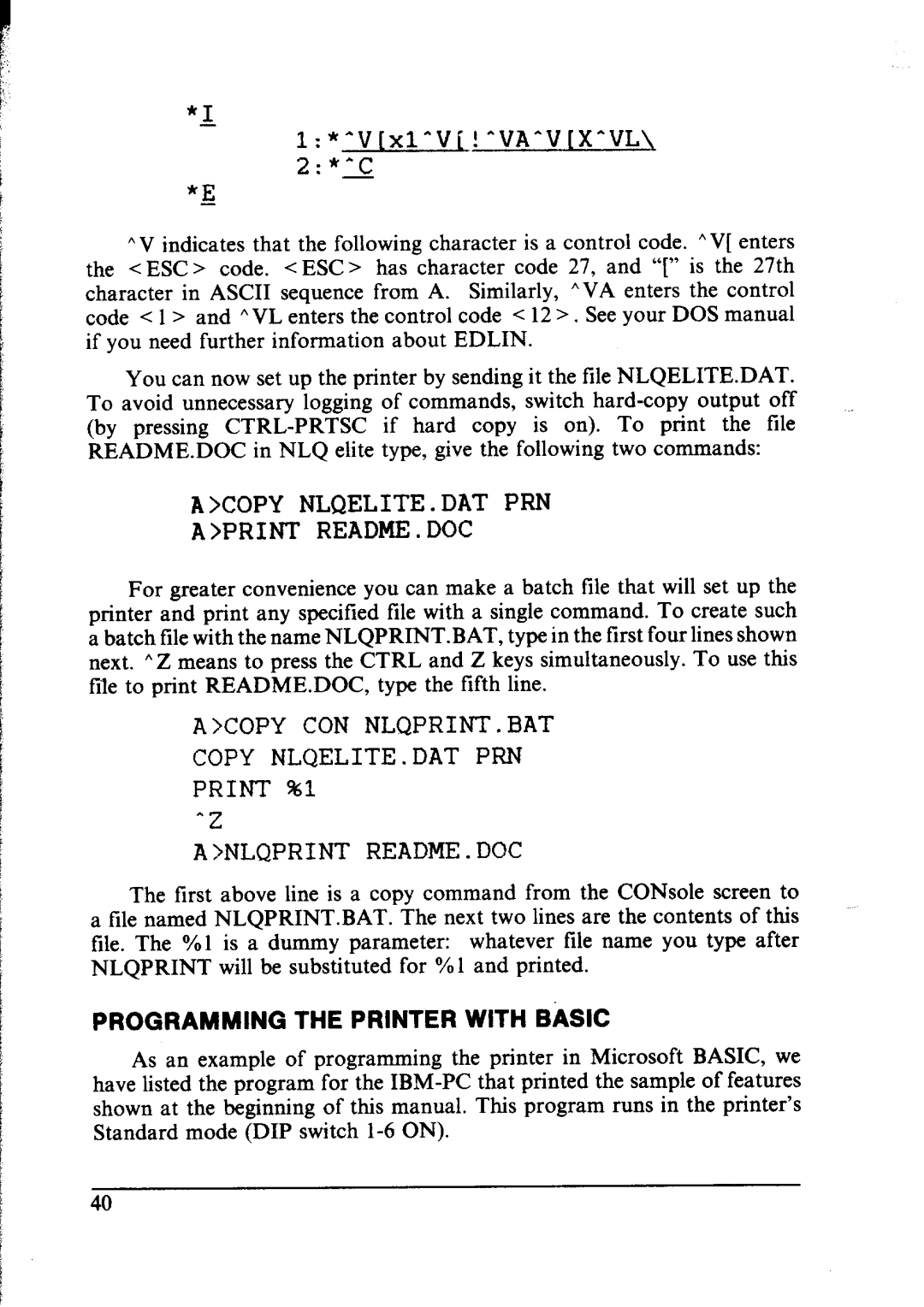 Star Micronics NX-1000 manual VxlVi!VA-VXVL, Programming the Printer with Basic 