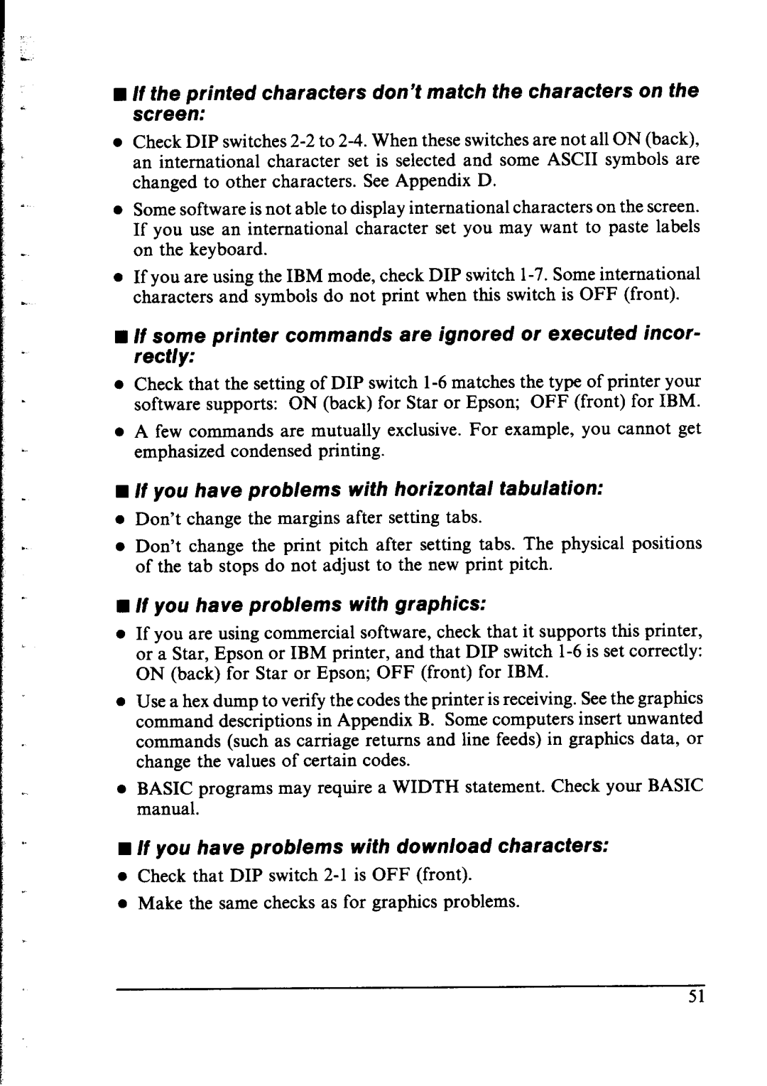 Star Micronics NX-1000 manual If you have problems with horizontal tabulation, If you have problems with graphics 