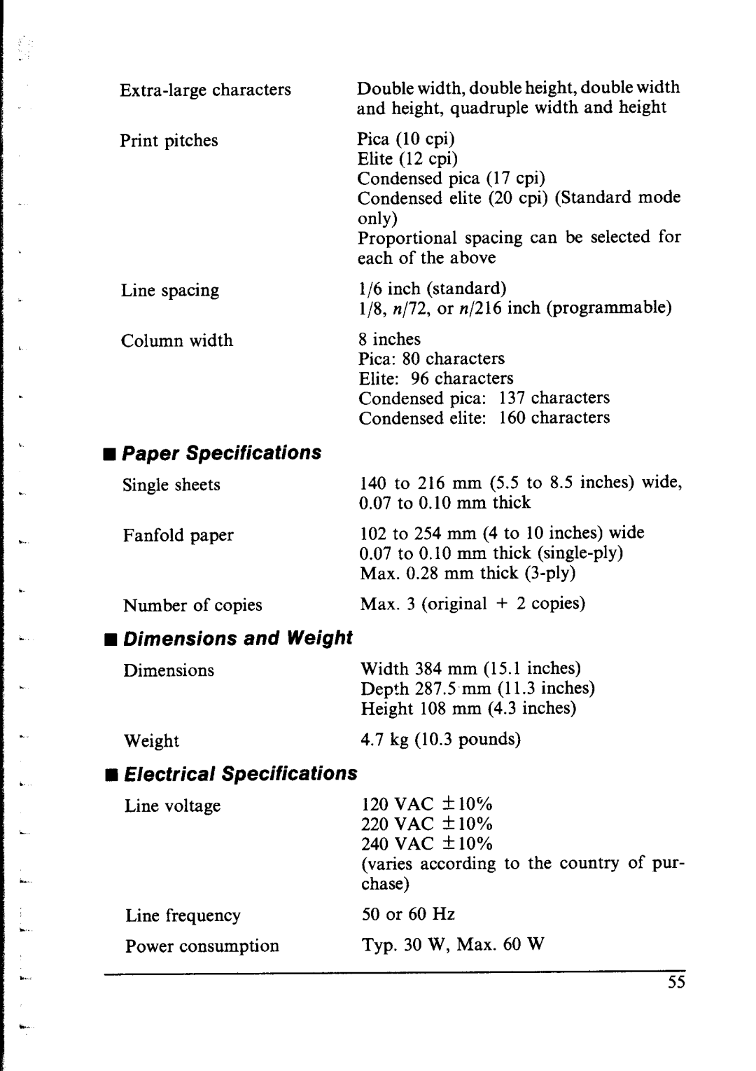 Star Micronics NX-1000 manual Paper Specifications, Dimensions and Weight, EIectf ical Specifications 