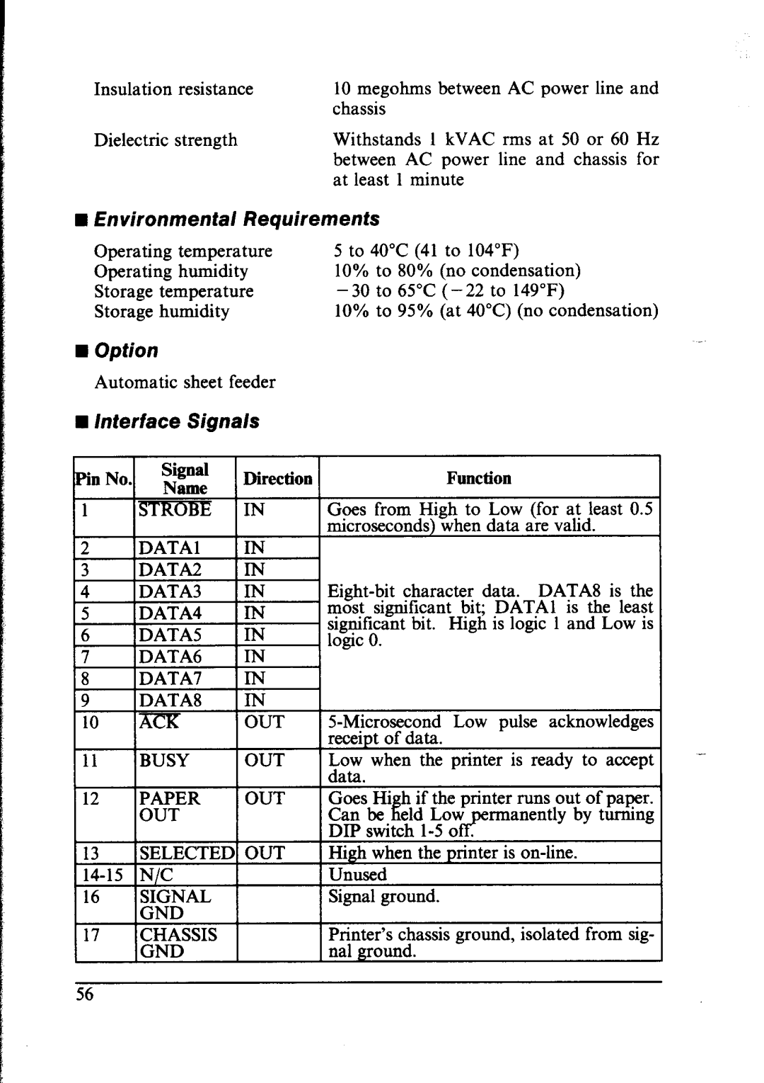 Star Micronics NX-1000 manual Environmental Requirements, Option, Interface Signals 