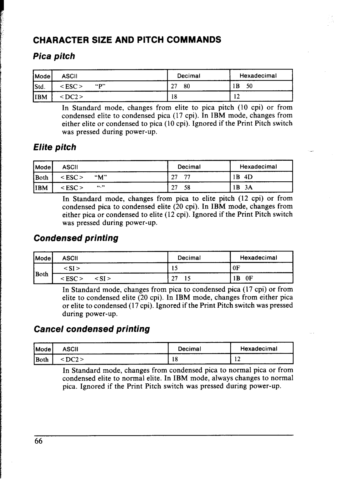 Star Micronics NX-1000 manual Character Size and Pitch Commands, Pica Pitch, Condensed Printing, Cancel condensed printing 