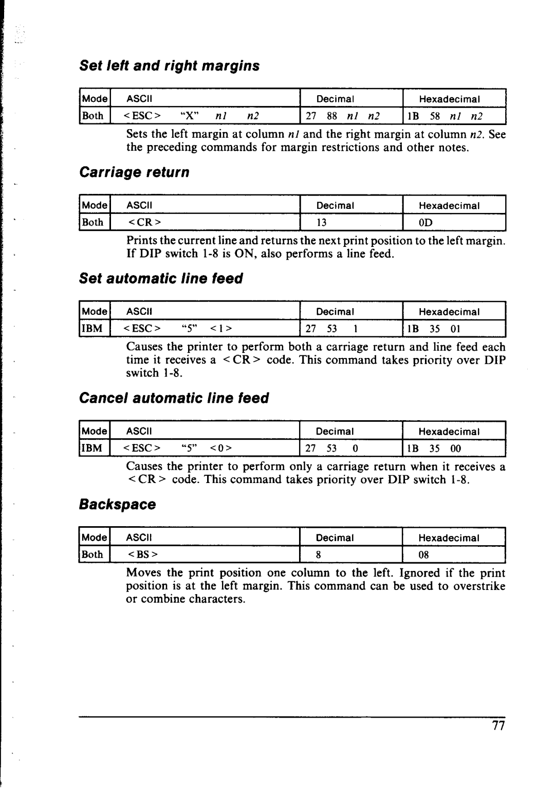 Star Micronics NX-1000 Set left and right margins, Carriage return, Set automatic fine feed, Cancel automatic line feed 