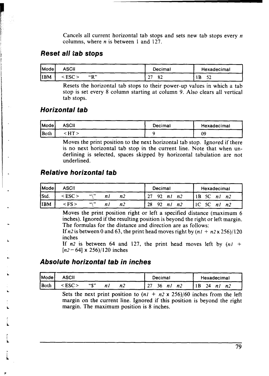 Star Micronics NX-1000 Reset all tab stops, Horizontal tab, Relative horizontal tab, Absolute horizontal tab in inches 