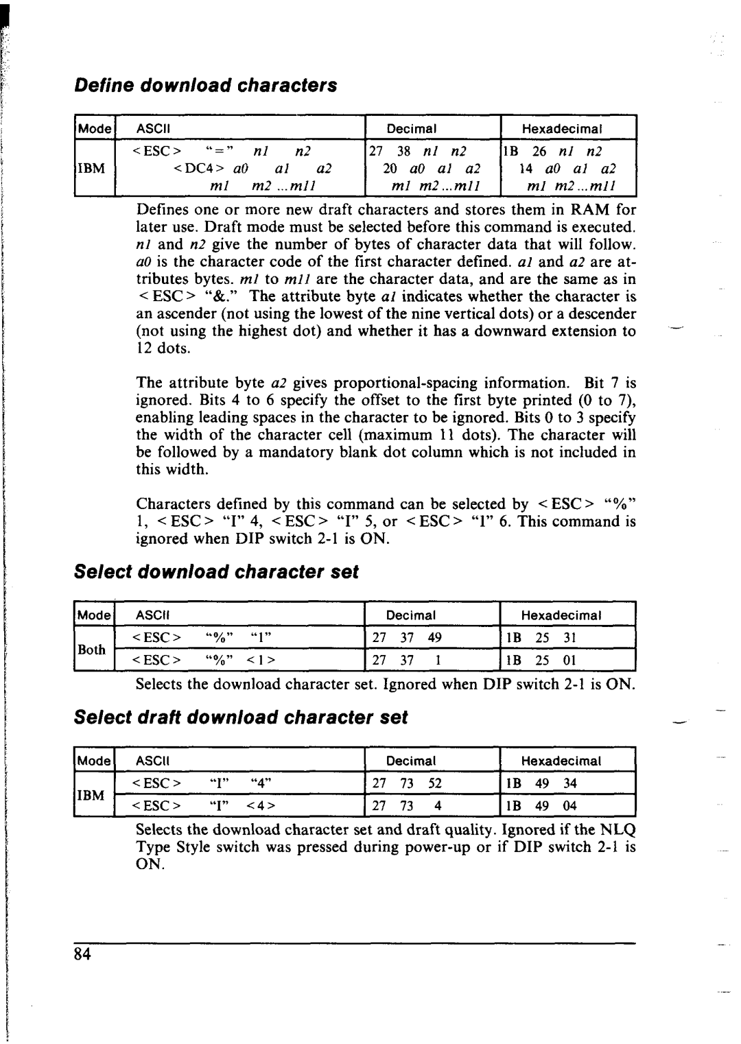 Star Micronics NX-1000 Define download Characters, Select download character set, Select draft download character set 