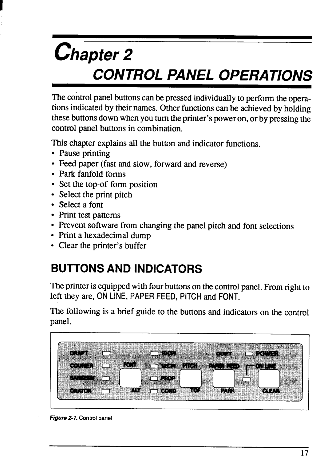 Star Micronics NX-1001 manual Control Panel Operations 