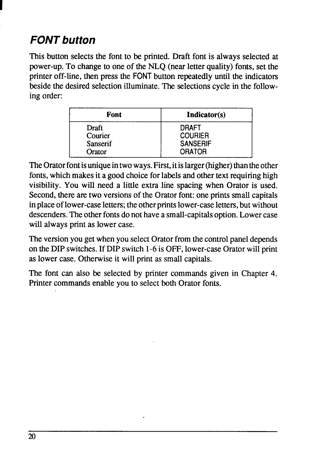 Star Micronics NX-1001 manual FONTbutton 