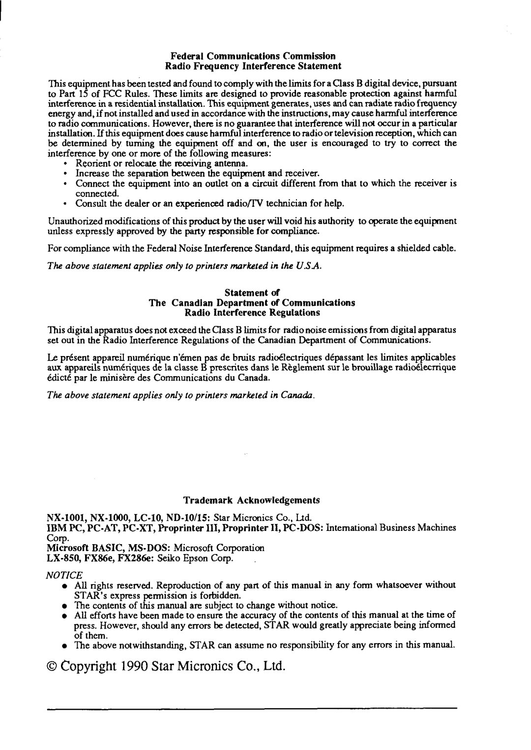 Star Micronics NX-1001 manual To Part 15of FCCRules.Theselimitsare d 