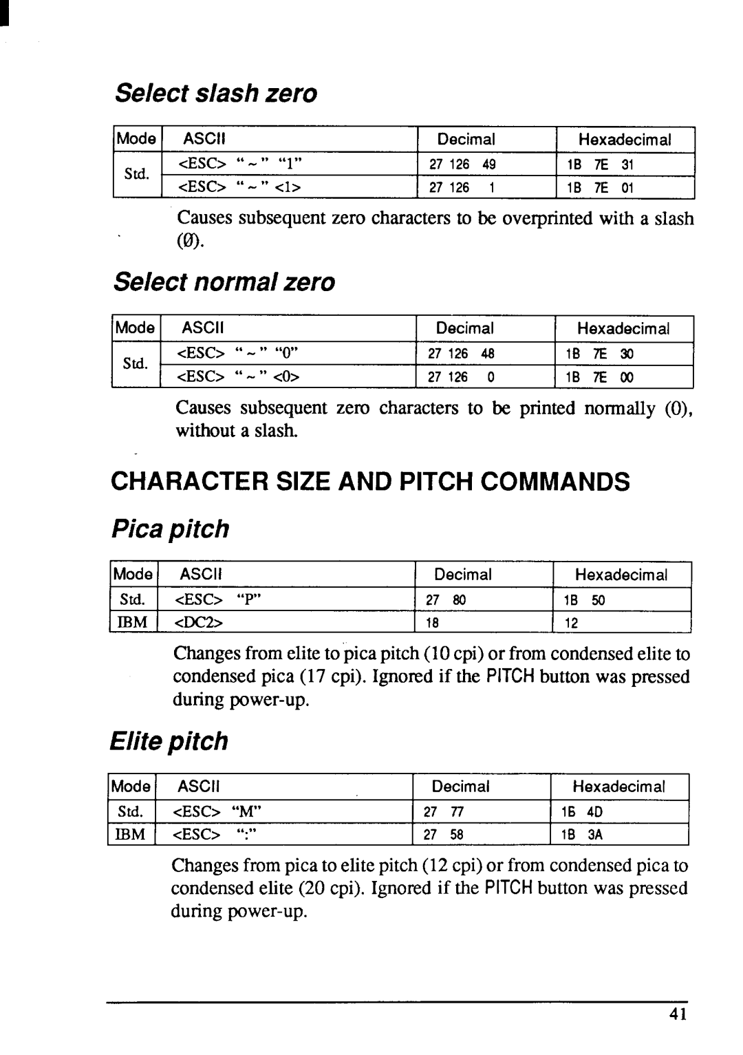 Star Micronics NX-1001 manual Character Size and Pitch Commands 