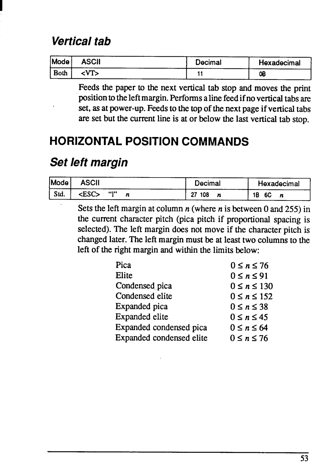 Star Micronics NX-1001 manual Horizontal Position Commands 