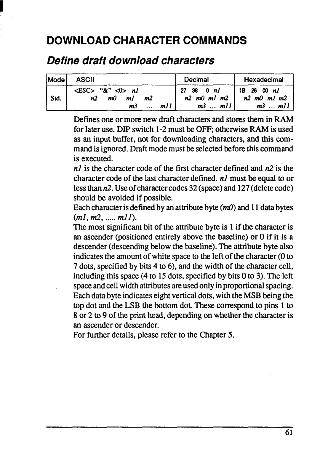 Star Micronics NX-1001 manual Download Character Commands, Ml, m2, ..... roll 