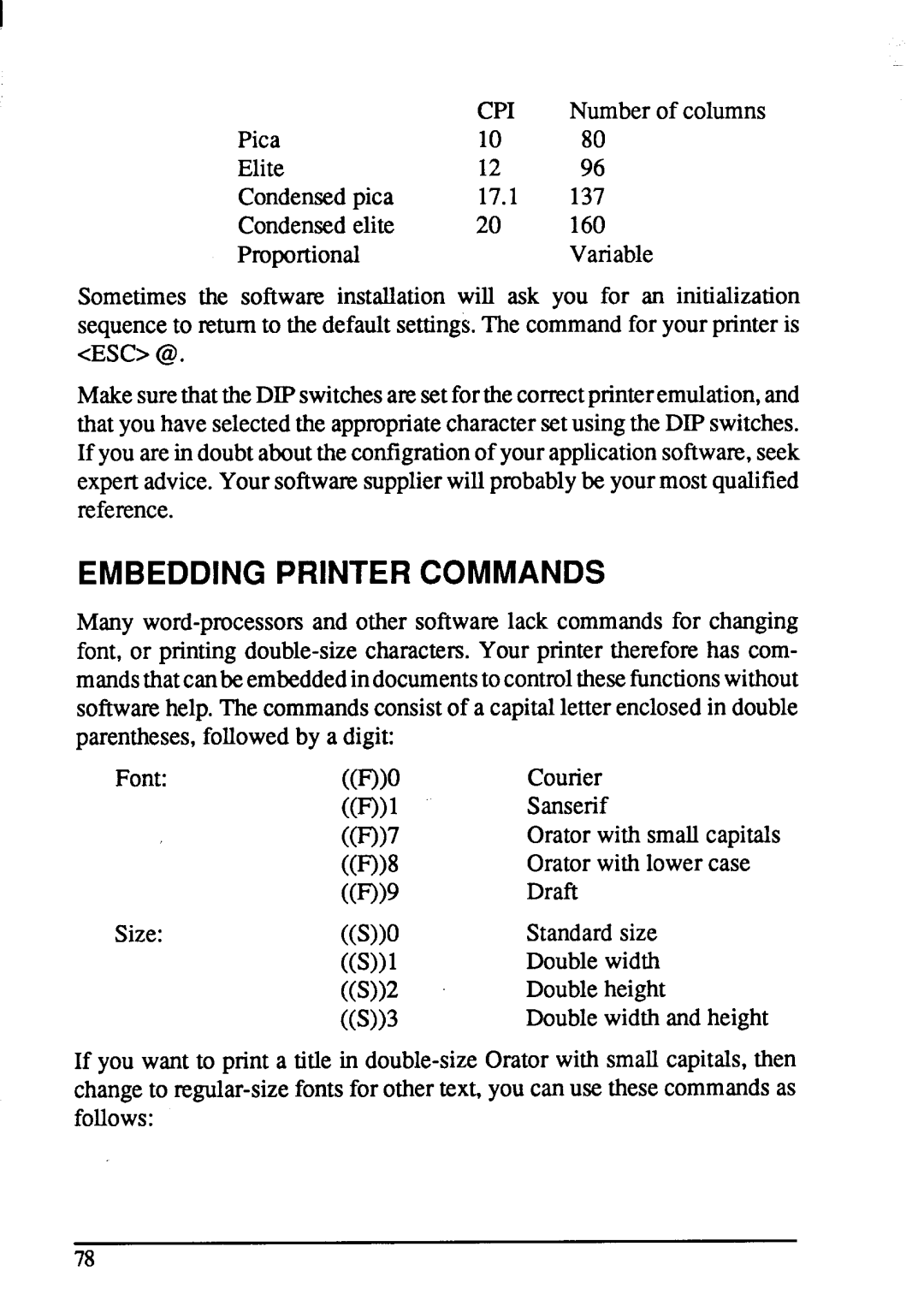 Star Micronics NX-1001 manual Embedding Printer Commands, Cpi 