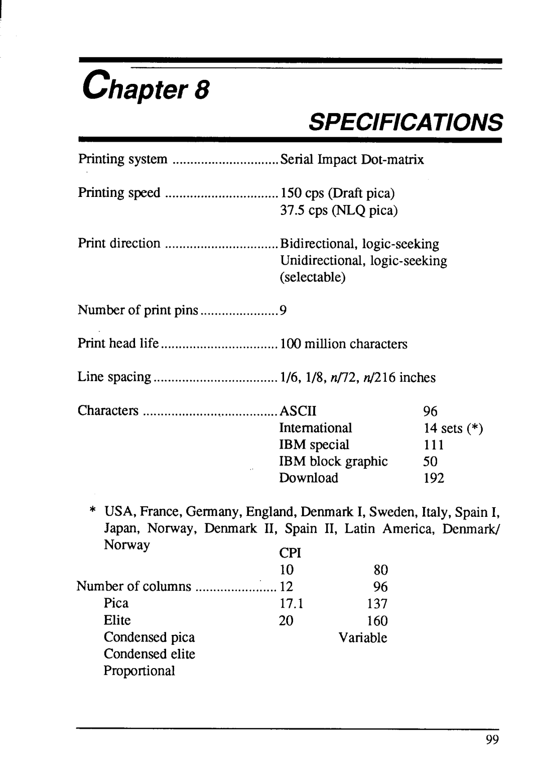 Star Micronics NX-1001 manual I chapter, Specifications 