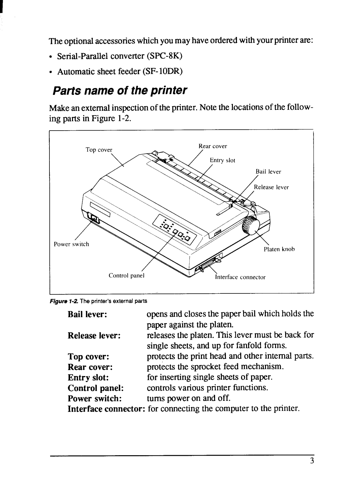 Star Micronics NX-1001 manual Parts name of theprinter, ‘owerswitch. O n 