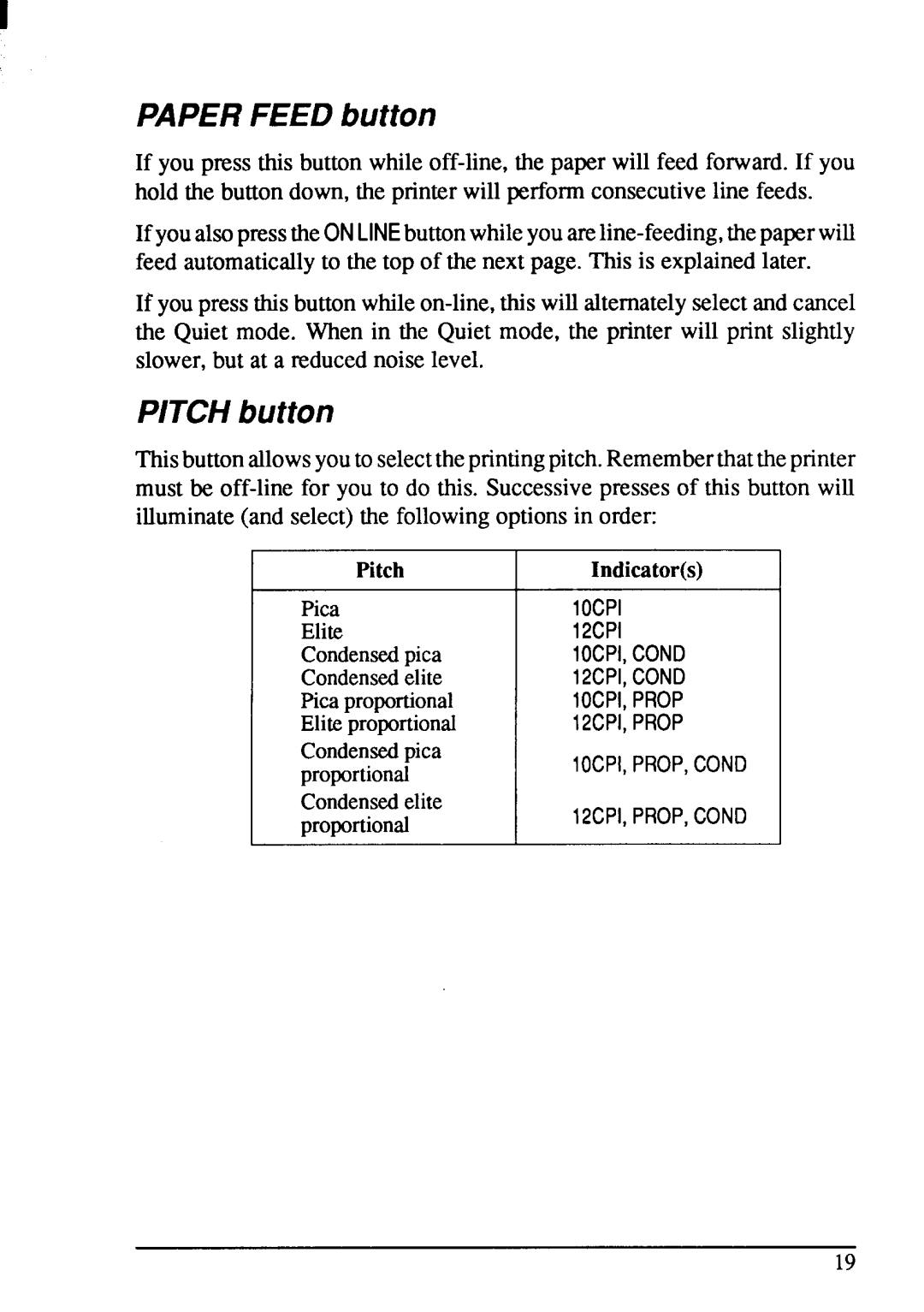 Star Micronics NX-1001 manual PAPERFEED button, PITCHbutton, Pitch, Indicators 
