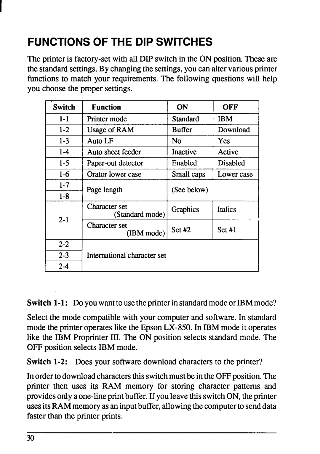 Star Micronics NX-1001 manual 1----1, Switch, Function, Printermode, Standard 