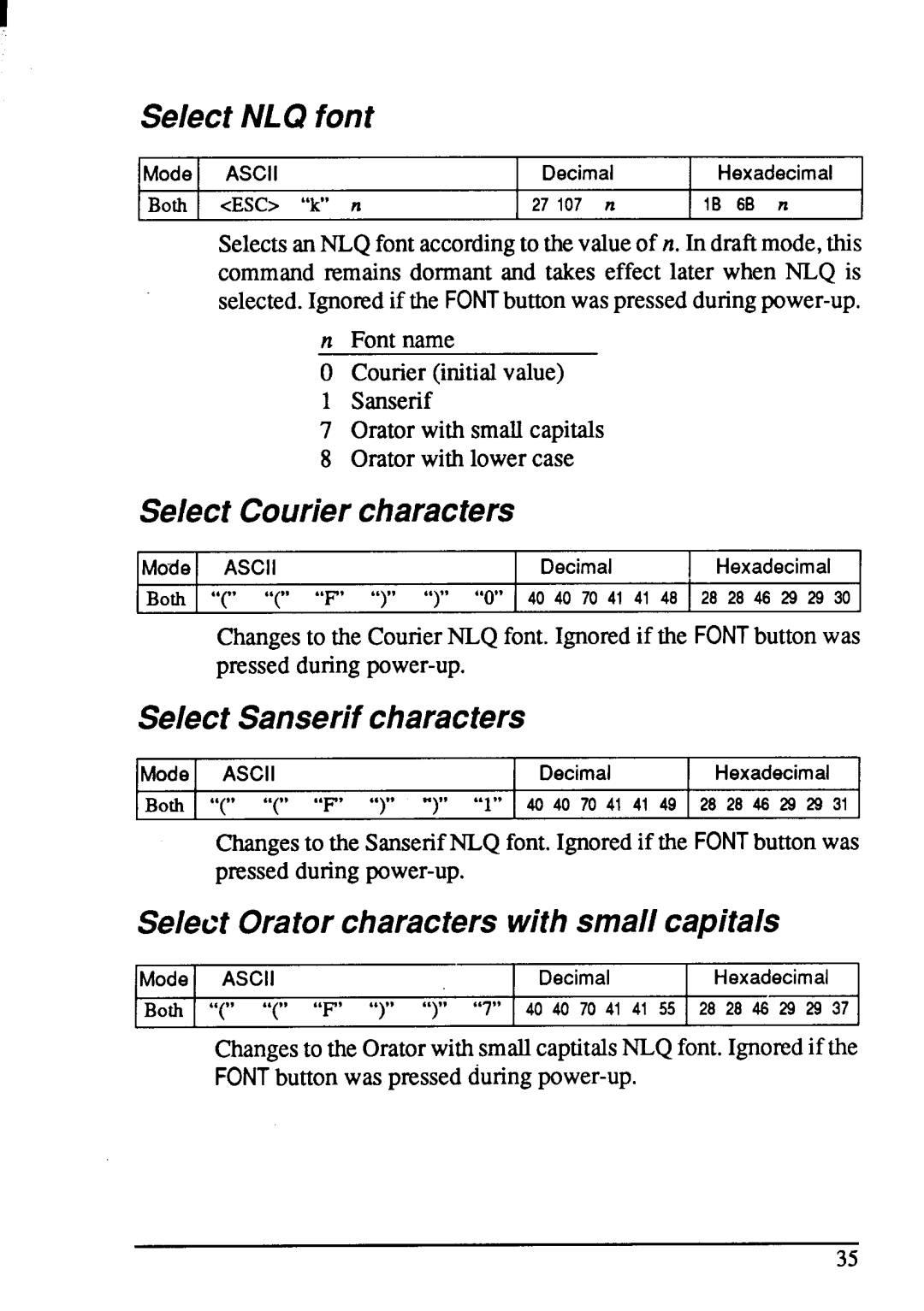 Star Micronics NX-1001 manual Select NLC?font, Select Couriercharacters, Select Sanserifcharacters 