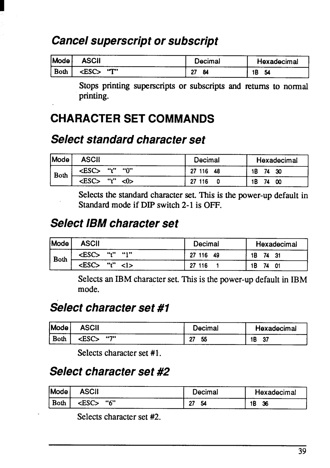Star Micronics NX-1001 manual Cancelsuperscriptor subscript, Select standardcharacterset, Select characterset #1, s T i t p 