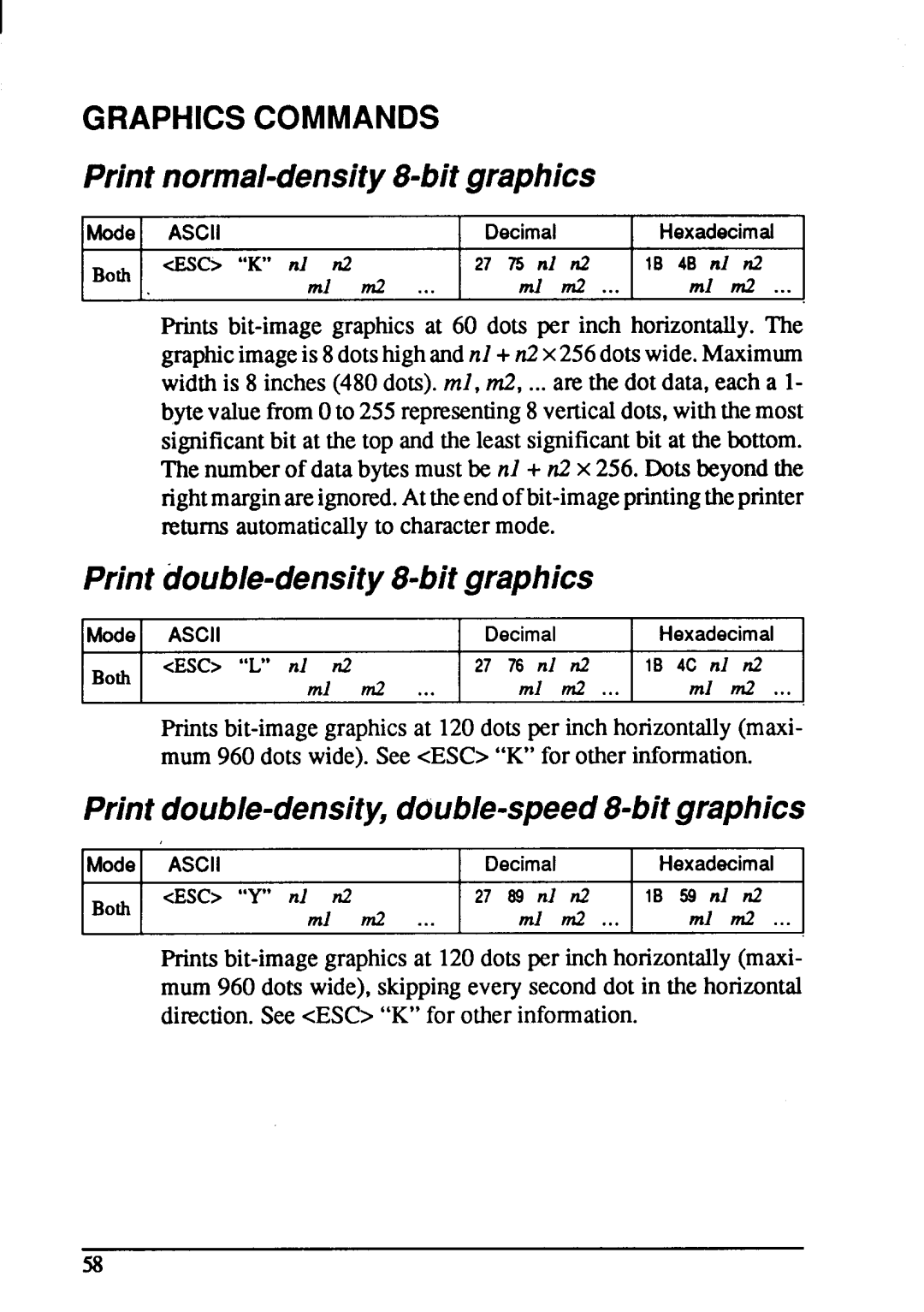 Star Micronics NX-1001 manual Graphics Commands 