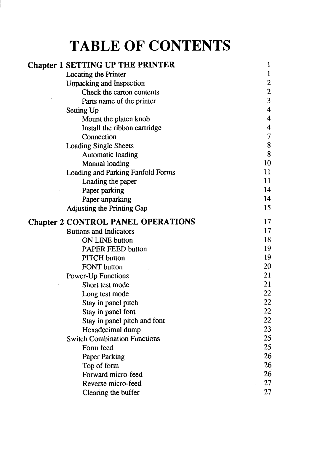 Star Micronics NX-1001 manual Table Of Contents 
